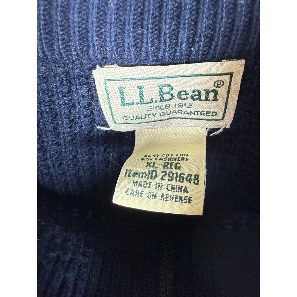 LL Bean Mens XL Navy Blue Cotton Cashmere Waffle Knit Quarter Zip Sweater 291648